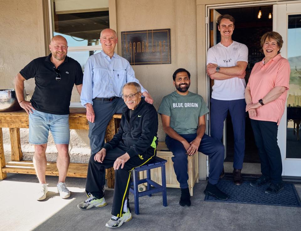 Ed Dwight, centre, with the five others who will join him in space on Sunday. Mr Dwight, the first Black man to train to be an astronaut, was rejected by NASA just before President John F Kennedy was assassinated (BLUE ORIGIN/AFP via Getty Images)