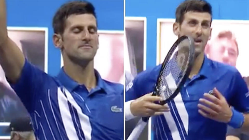 Novak Djokovic is pictured celebrating in a 50-50 split image.