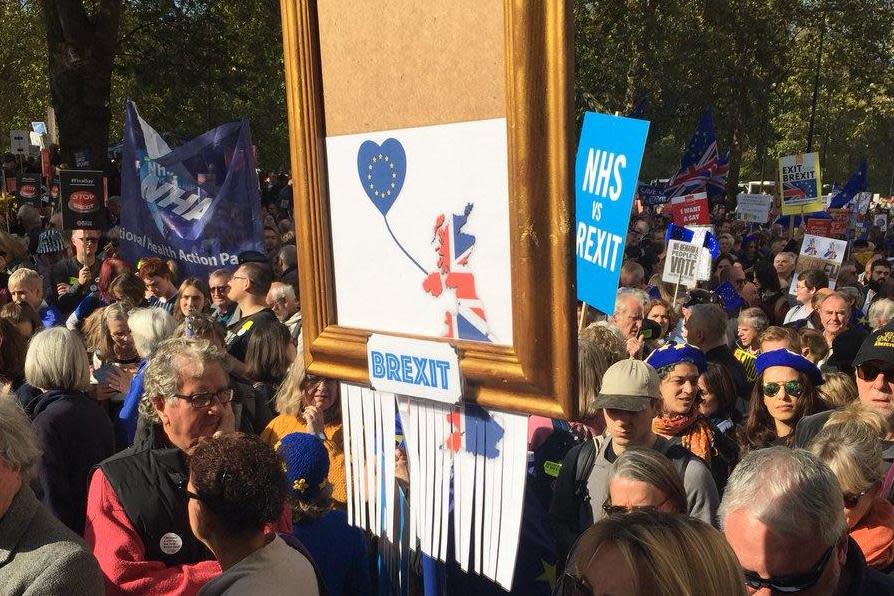 Banksy 's artwork gets turned into a cultural meme for the People's Vote march in Westminster: Twitter/Joy Lo Dico