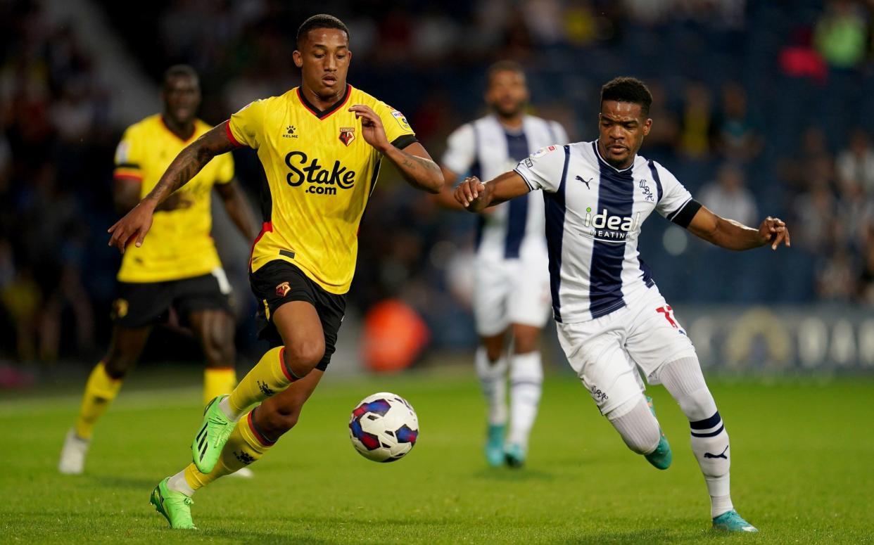 West Bromwich Albion's Grady Diangana in action against Watfordâ€™s Joao Pedro during the Sky Bet Championship match at The Hawthorns, West Bromwich. Picture date: Monday August 8, 2022 - PA 