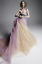 <p>Pastel purple and beige gown with green sash. (Photo: Inez & Vinoodh) </p>