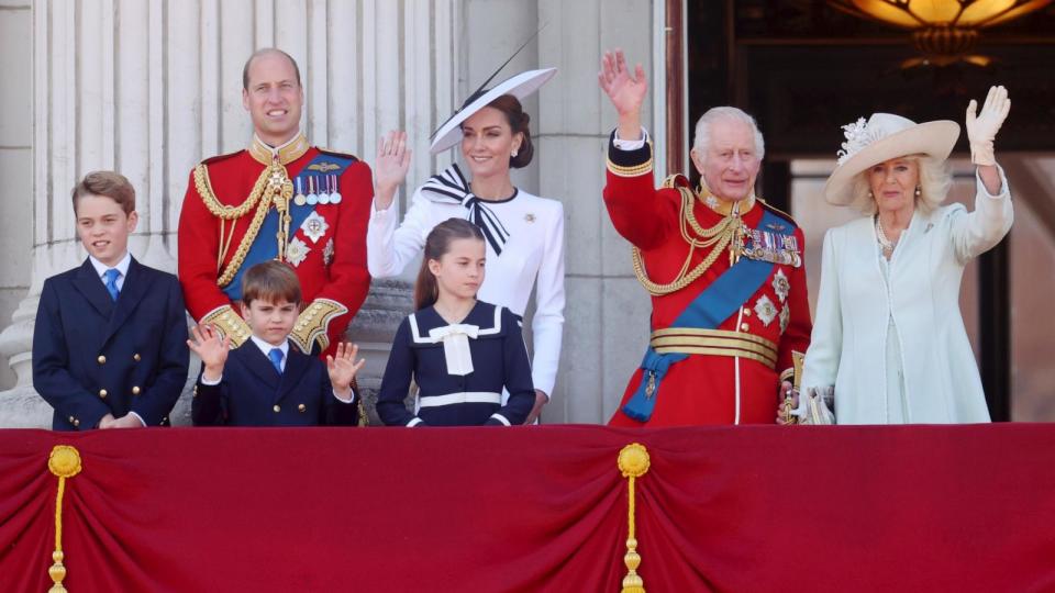 PHOTO: Britain's King Charles III, Queen Camilla, Prince George, Prince William, Prince Louis, Catherine, Princess of Wales, Princess Charlotte on the balcony of Buckingham Palace after attending the 'Trooping the Colour' in London, June 15, 2024.<p>(Chris Jackson/Getty Images)