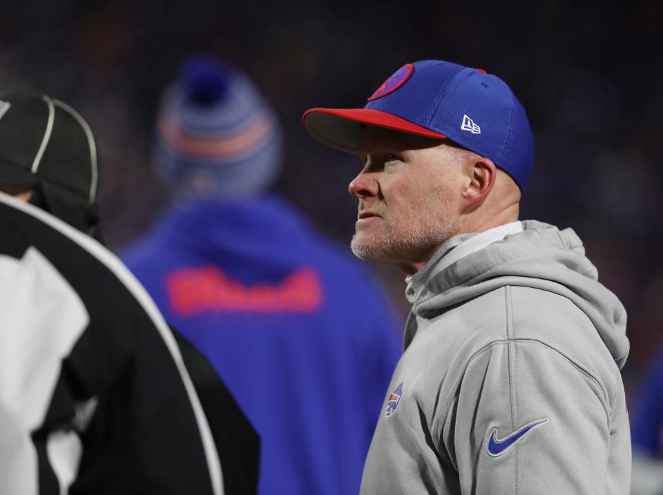 Bills head coach Sean McDermott waits to hear the result of his challenge on the play. The original call was overturned, the Bills won the challenge.