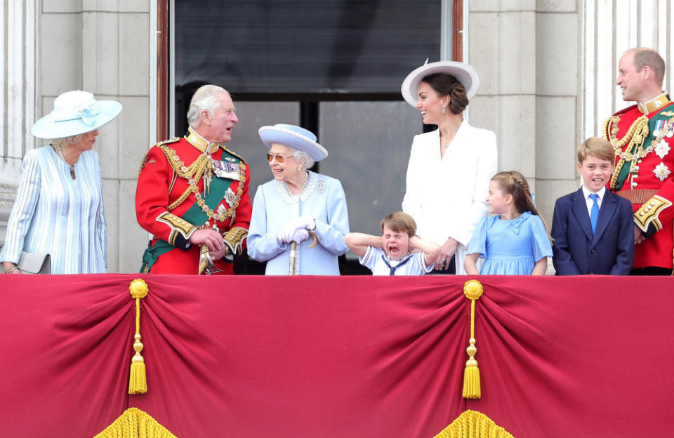 The Queen at today’s Buckingham Palace balcony appearance where she was said to be in discomfort credit:Bang Showbiz