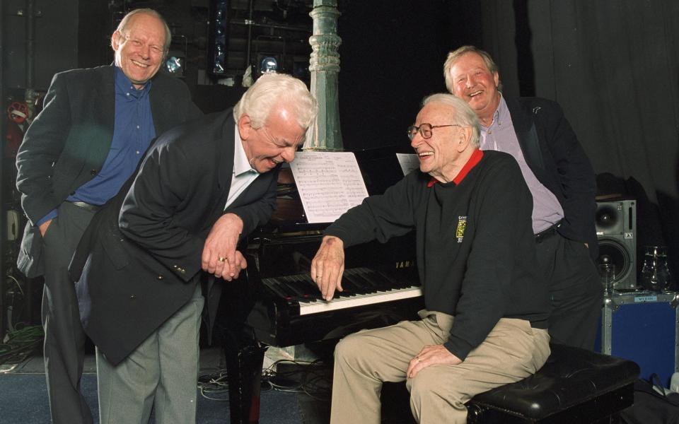 Cryer with his I'm Sorry I Haven't a Clue colleagues, l-r, Graeme Garden, Humphrey Lyttelton and Tim Brooke-Taylor - Jeff Gilbert