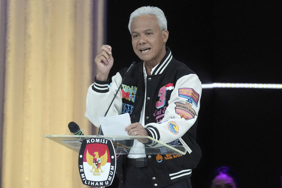 FILE - Indonesian Presidential candidate Ganjar Pranowo speaks during a presidential candidates' debate in Jakarta, Indonesia Sunday, Feb. 4, 2024. Indonesians on Wednesday, Feb. 14, 2024 will elect the successor to popular President Joko Widodo, who is serving his second and final term. It is a three-way race for the presidency among current Defense Minister Prabowo Subianto and two former governors, Anies Baswedan and Ganjar Pranowo. (AP Photo/Tatan Syuflana, File)