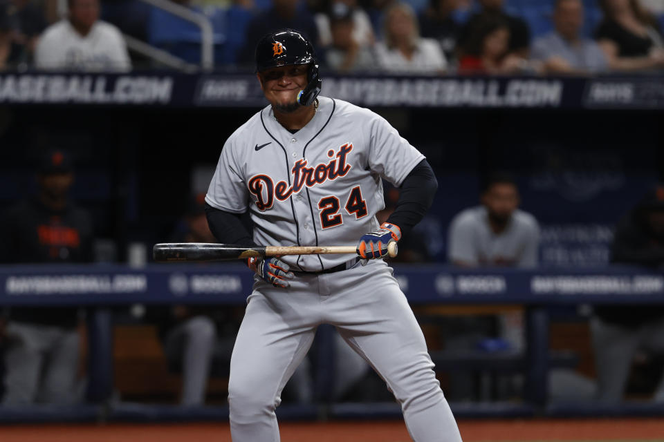 Detroit Tigers designated hitter Miguel Cabrera reacts while batting against the Tampa Bay Rays during the sixth inning of a baseball game Saturday, April 1, 2023, in St. Petersburg, Fla. (AP Photo/Scott Audette)