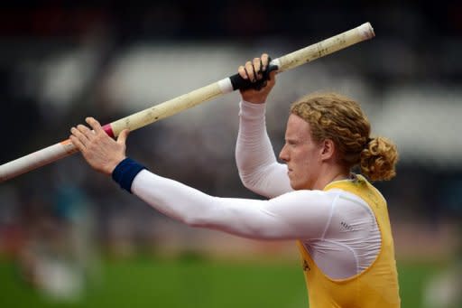 Australia's Steve Hooker concentrates prior to competing in the men's pole vault qualifications at the athletics event of the London 2012 Olympic Games, on August 8. Hooker says he is in fantastic physical shape and mentally in the right form to retain his Olympic title on Friday