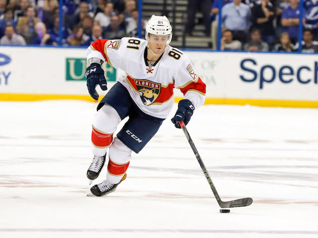 TAMPA, FL – OCTOBER 18: Jonathan Marchessault #81 of the Florida Panthers takes a shootout attempt against Tampa Bay Lightning during the shootout period at the Amalie Arena on October 18, 2016 in Tampa, Florida. (Photo by Mike Carlson/Getty Images)