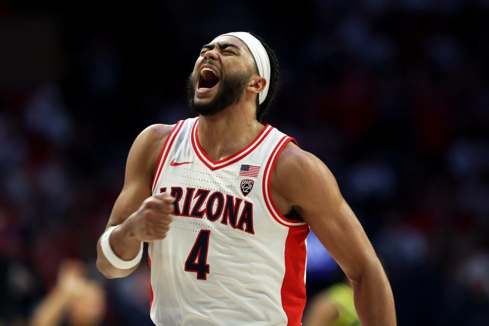 Arizona guard Kylan Boswell celebrates after a 3-point basket against Oregon during the first half at McKale Center, Saturday, March 2.