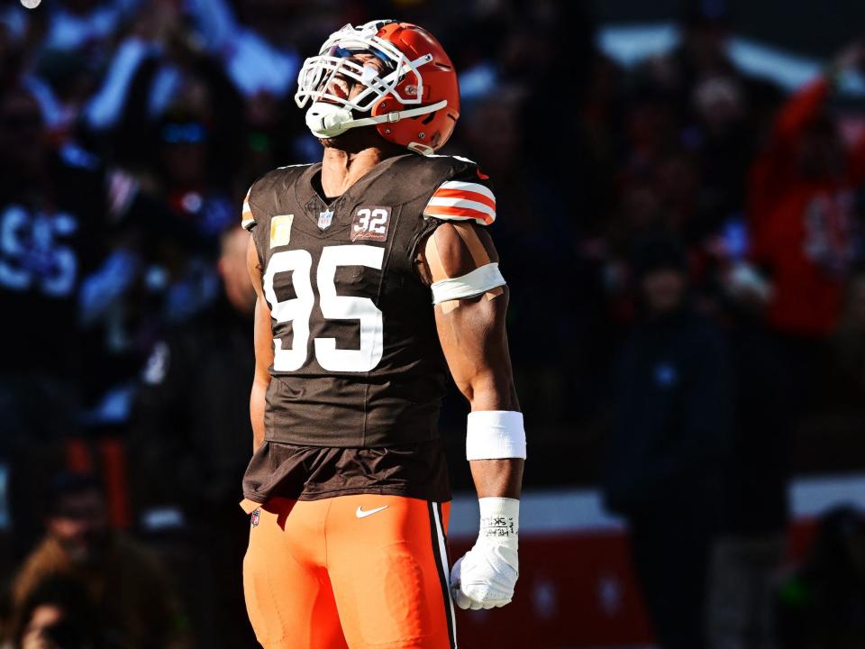 Myles Garrett reacts after making a big play.