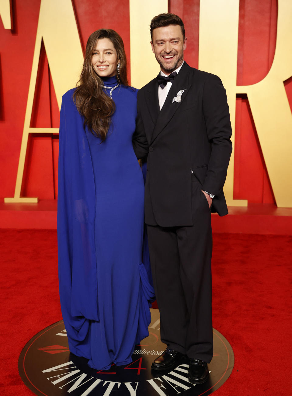 US singer-songwriter Justin Timberlake and his wife actress Jessica Biel attend the Vanity Fair Oscars Party at the Wallis Annenberg Center for the Performing Arts in Beverly Hills, California, on March 10, 2024. (Photo by Michael TRAN / AFP) (Photo by MICHAEL TRAN/AFP via Getty Images)