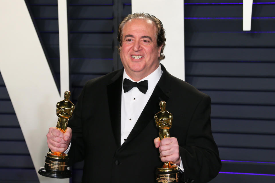 Nick Vallelonga poses with the Oscars for Best Picture and Best Original Screenplay for &ldquo;Green Book&rdquo; at the 2019 Vanity Fair Oscar Party following the 91st Academy Awards. (Photo: JB LACROIX via Getty Images)