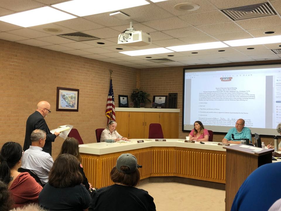 The school board of Western Heights Public Schools listens July 15, 2020, as its attorney, Jerry Colclazier, speaks during a meeting in the district administration building.