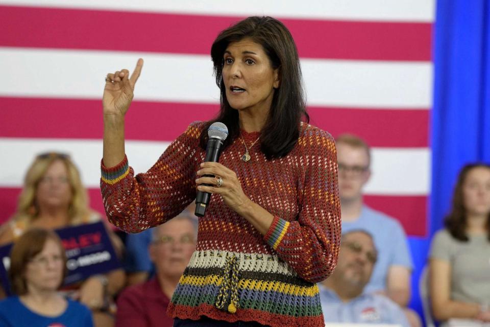 PHOTO: Republican presidential hopeful and former South Carolina Gov. Nikki Haley speaks at a campaign event, Sept. 30, 2023, in Clive, Iowa. (Meg Kinnard/AP)