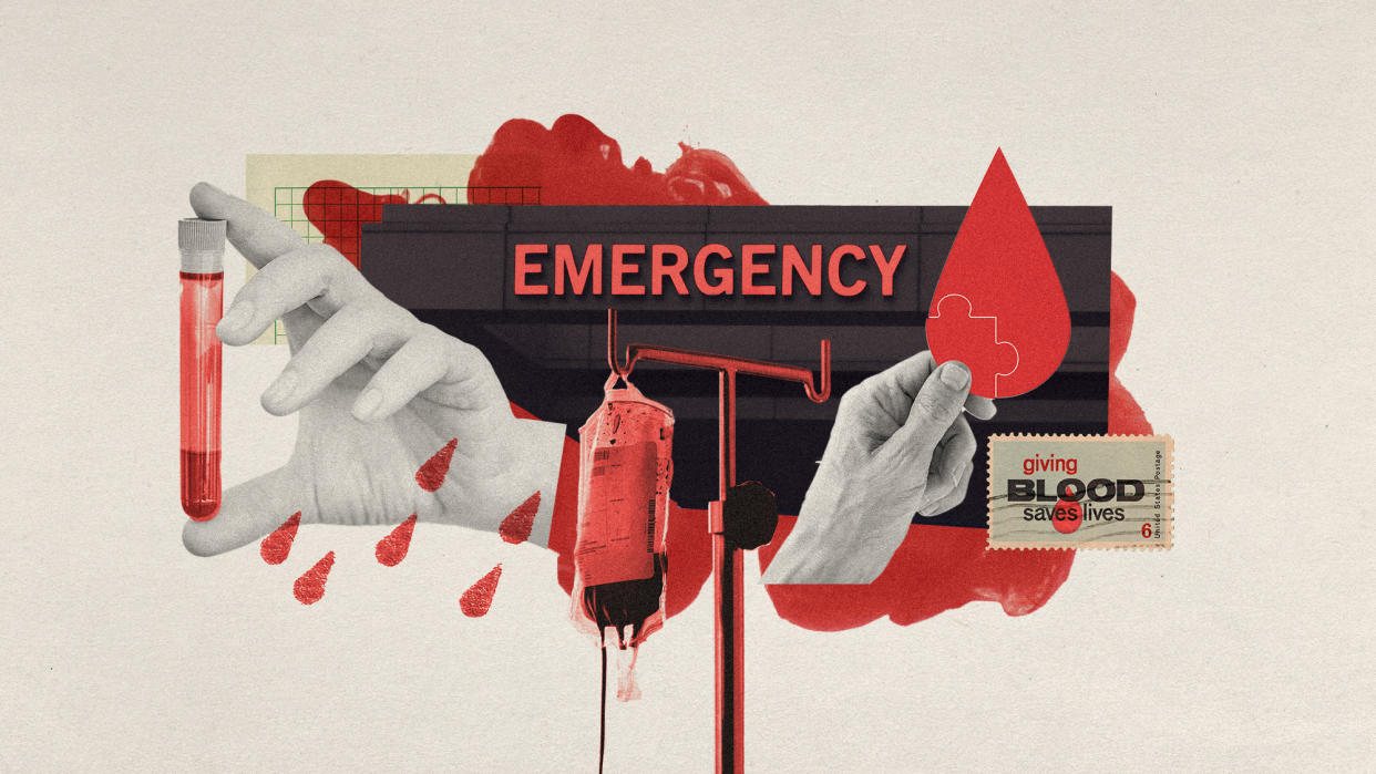  Photo collage of a red-tinted blood bag hanging from a drip stand, a hand holding a blood vial, another hand holding a droplet-shaped piece of paper with a puzzle piece drawn on it, and a vintage post stamp that says "giving blood saves lives". In the background, there is a fragment of a hospital building with an emergency sign on it, and a cloud of red liquid dispersing in water. . 