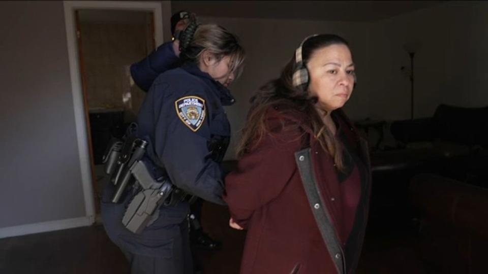 Adele Andaloro being handcuffed in the home she inherited from her parents. She came to change the locks and eject the people who were living there. Police handcuffed her for allegedly breaking New York state’s squatter-friendly laws. ABC7
