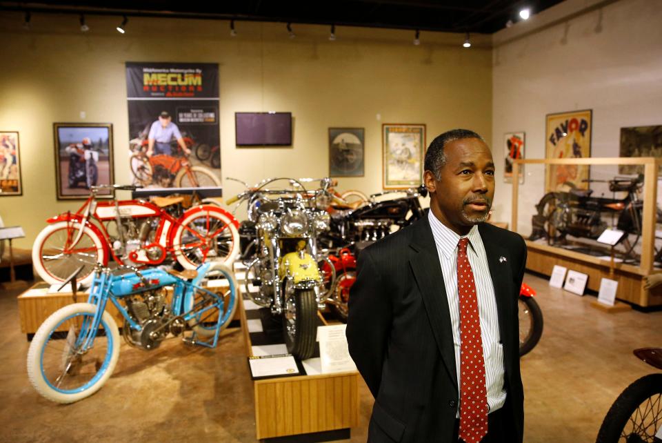 Republican presidential candidate Dr. Ben Carson speaks with reporters at the National Motorcycle Museum in Anamosa, Iowa, Thursday, Jan. 7, 2016, after holding a town hall.