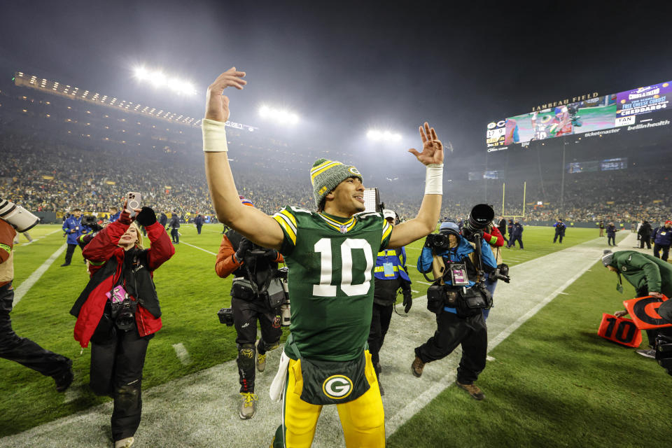 Green Bay Packers quarterback Jordan Love (10) reacts after an NFL football game against the Chicago Bears Sunday, Jan. 7, 2024, in Green Bay, Wis. (AP Photo/Jeffrey Phelps