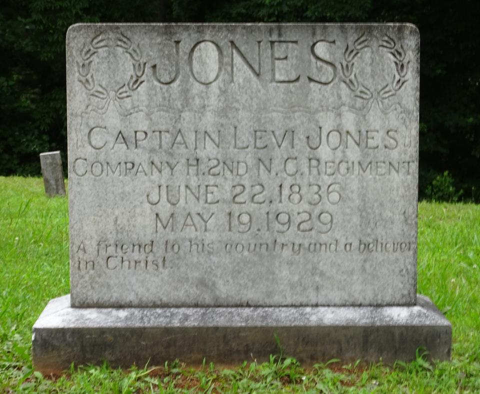 Levi Jones donated land for Crossroads Baptist Church and Cemetery in Zirconia. His tombstone there shows his military rank, information about his Union Army service, and his life’s guideline: “A Friend To His Country And A Believer In Christ.”