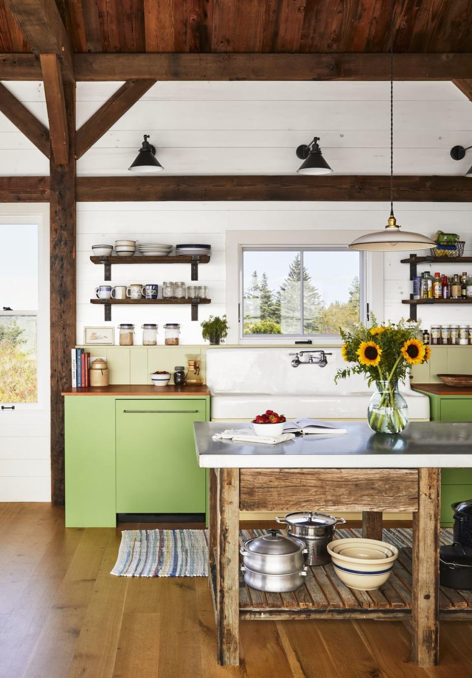 coastal kitchen with bright green cabinets