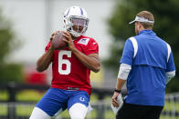 Indianapolis Colts quarterback Jalen Morton throws during practice at the NFL team's football training camp in Westfield, Ind., Saturday, July 31, 2021. (AP Photo/Michael Conroy)