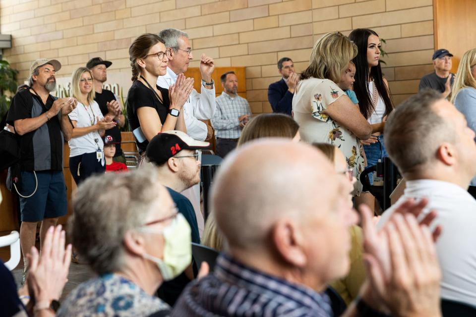 Transplant patients, donor families and caregivers join together to listen to the program at an event held to celebrate the milestone of 600 lifesaving transplants by the Intermountain heart transplant team at the Intermountain Medical Center in Murray on Tuesday, July 18, 2023. | Megan Nielsen, Deseret News