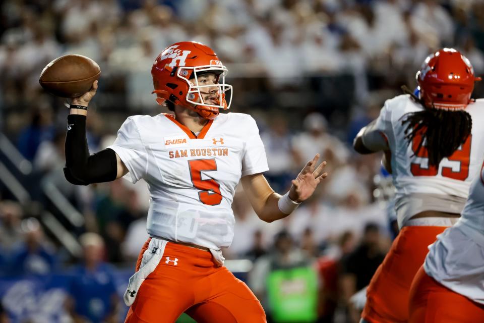 Sam Houston Bearkats quarterback Keegan Shoemaker (5) passes during the game against the BYU Cougars at LaVell Edwards Stadium in Provo on Saturday, Sept. 2, 2023. | Spenser Heaps, Deseret News