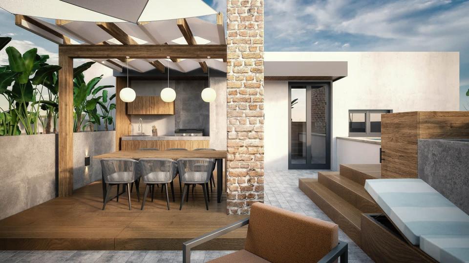 <p>No yard? No problem. This rooftop kitchen is proof that you can accomplish any design goal if you make good use of your space. Sectioning off the dining and kitchen areas keep everything clutter-free. </p><p><a class="link " href="https://go.redirectingat.com?id=74968X1596630&url=https%3A%2F%2Fwww.wayfair.com%2Flighting%2Fpdp%2Fhashtag-home-wilbourn-1-light-single-pendant-w004294667.html&sref=https%3A%2F%2Fwww.goodhousekeeping.com%2Fhome%2Fdecorating-ideas%2Fg40438513%2Foutdoor-kitchen-ideas%2F" rel="nofollow noopener" target="_blank" data-ylk="slk:SHOP PENDANT LIGHT">SHOP PENDANT LIGHT</a> </p>