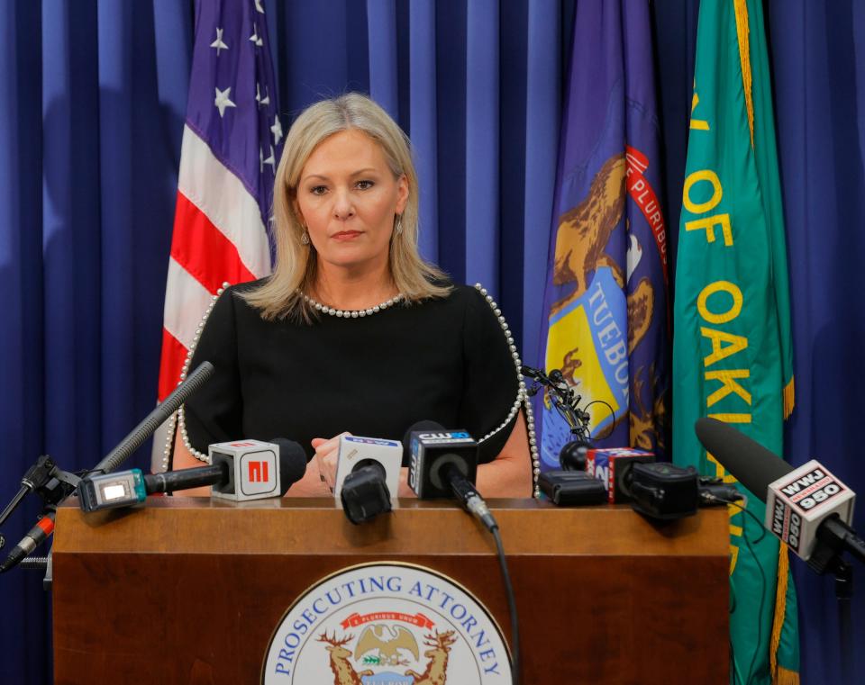 Oakland County Prosecutor Karen McDonald announced during a news conference at her office in Pontiac on Dec. 3, 2021, that James and Jennifer Crumbley, parents of Oxford High School shooting suspect Ethan Crumbley, were charged with four counts of involuntary manslaughter.