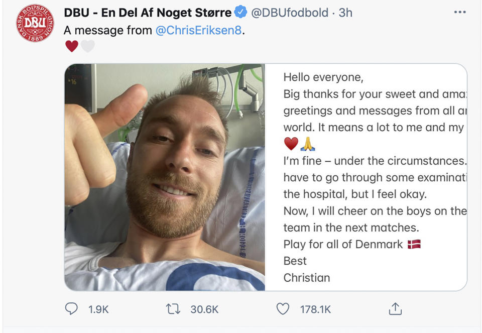 A combo image issued by the DBU on Tuesday June 15, 2021 of Denmark soccer player Christian Eriksen gesturing from his hospital bed and the message that he sent to accompany the photo. Eriksen sent his first public message from the hospital on Tuesday thanking supporters for their "sweet and amazing" well-wishes after his collapse at the European Championship. Eriksen remains in the hospital after suffering cardiac arrest during Denmark's game against Finland on Saturday. (DBU via AP)