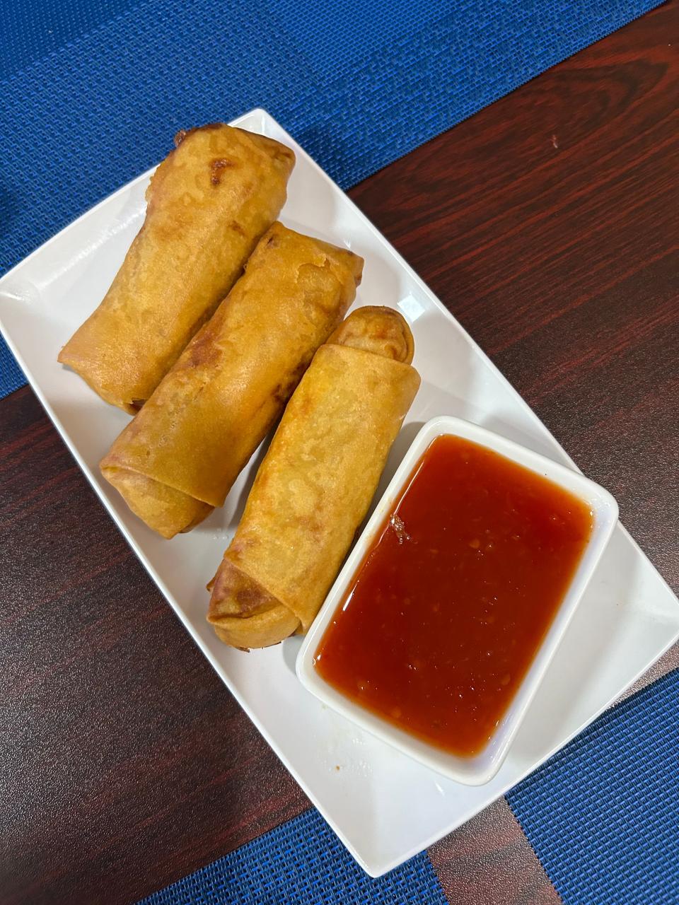 Spring rolls at Lyeh Thai restaurant in Akron are made with potato, cabbage and shredded carrots and served with sweet chili sauce.