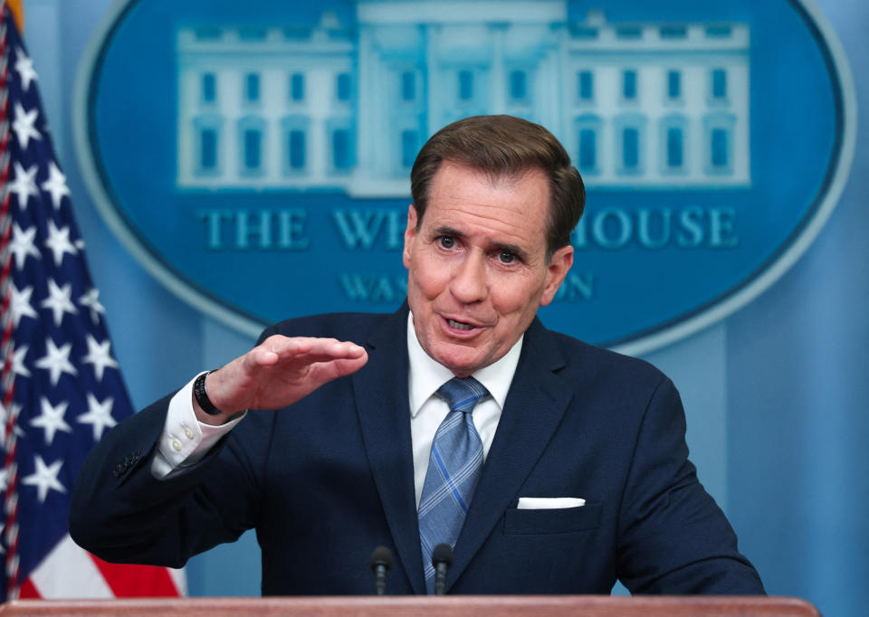 NSC spokesman John Kirby answers questions during the daily press briefing at the White House on Monday. (Evelyn Hockstein/Reuters)