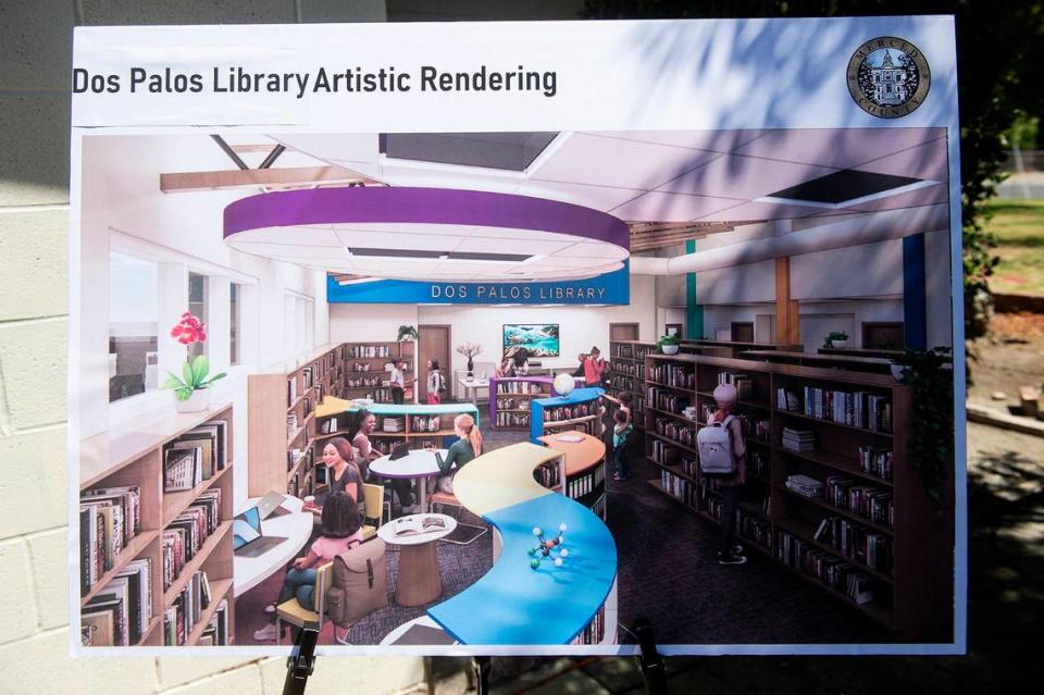 An artistic rendering of the proposed relocation of the Dos Palos branch of the Merced County Library is displayed during a groundbreaking ceremony at O’Banion Park in Dos Palos, Calif., on Wednesday, Aug. 2, 2023.