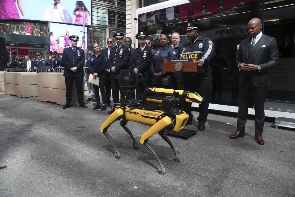 NEW YORK, NY - April 11: New York City Mayor Eric Adams joins New York City Police Commissioner Keechant Sewell, New York City Police Chief of Department, Jeffery Maddrey, along with New York City Police Department First Deputy Edward Caban and other NYPD Executives in formerly rolling out the StarChase GPS attachment system, the K5 Autonomous Security Robot and Spot, the DigiDog Robot as tools in the fight against crime on April 11, 2023 in Times Square section of New York City. Chris Moore/MediaPunch /IPX