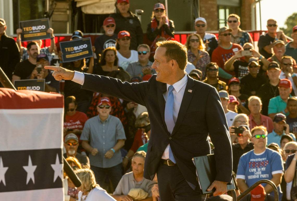 District 13 U.S. Rep. and U.S. Senate candidate Ted Budd takes the stage during a rally featuring former president Donald Trump at Wilmington International Airport Friday, Sept. 23, 2023.