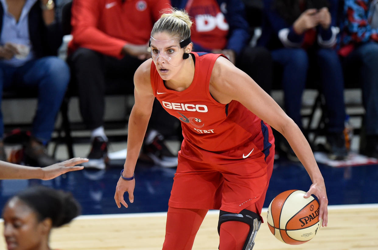 WASHINGTON, DC - OCTOBER 10:  Elena Delle Donne #11 of the Washington Mystics handles the ball against the Connecticut Sun in Game 5 of the 2019 WNBA Finals at St Elizabeths East Entertainment & Sports Arena on October 10, 2019 in Washington, DC.  (Photo by G Fiume/Getty Images)