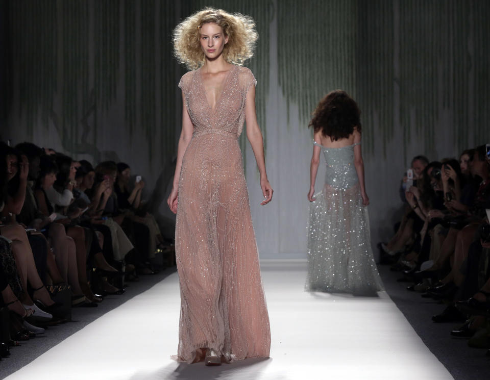 The Jenny Packham Spring 2014 collection is modeled during Fashion Week in New York, Tuesday, Sept. 10, 2013. (AP Photo/Richard Drew)