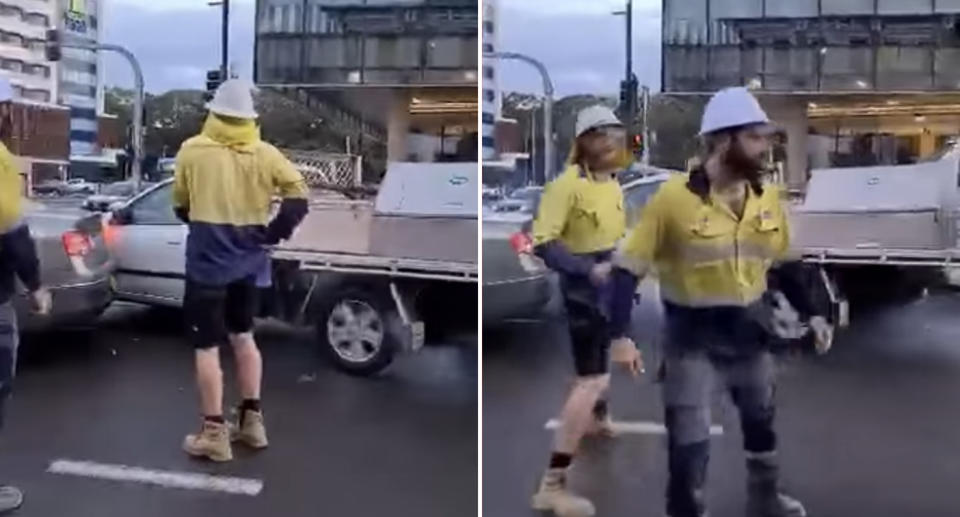 Tradies approach a ute on Hunter Street, Newcastle, before it drives off.