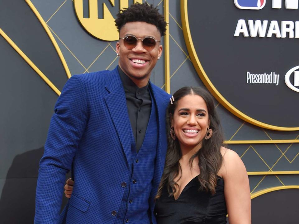 Giannis Antetokounmpo and his girlfriend Mariah Riddlesprigger arrive for the 2019 NBA Awards at Barker Hangar on June 24, 2019 in Santa Monica, California