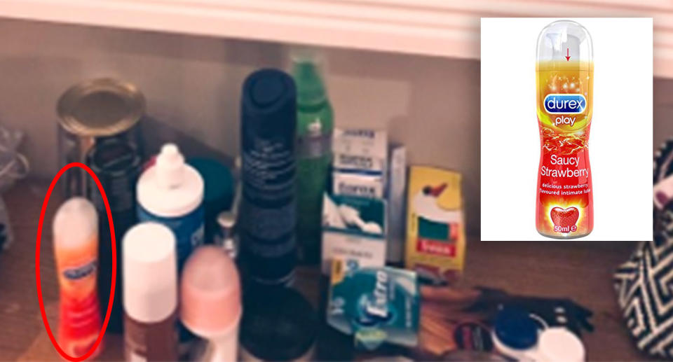 The bottle of Durex Saucy Strawberry flavoured lubricant gel, inset right, can be see on a bench beneath the mirror. Source: _kelspoole_ / Twitter 