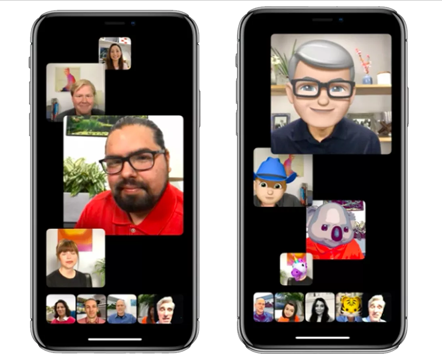 <em>Group FaceTime (left)! Participants can wear their animoji heads, if they like (right).</em>