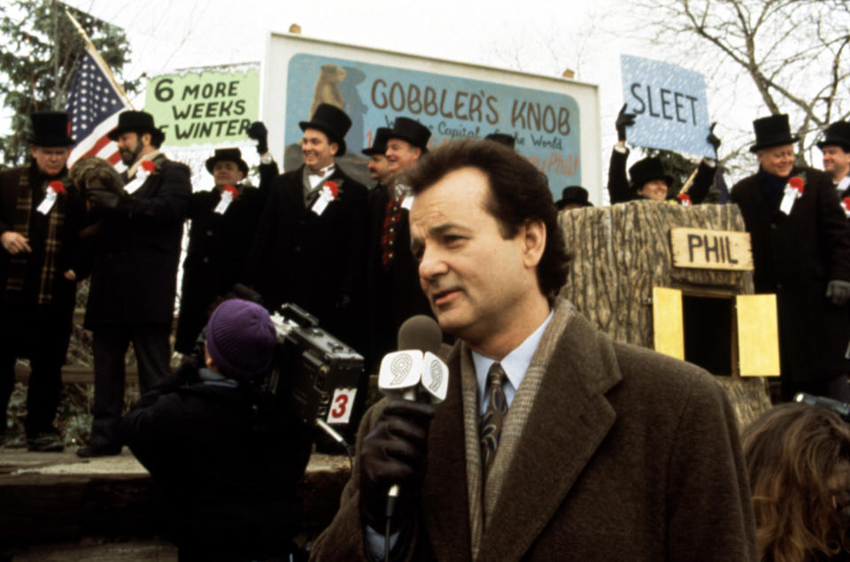 Bill Murray stands with a microphone in front of the groundhog stump