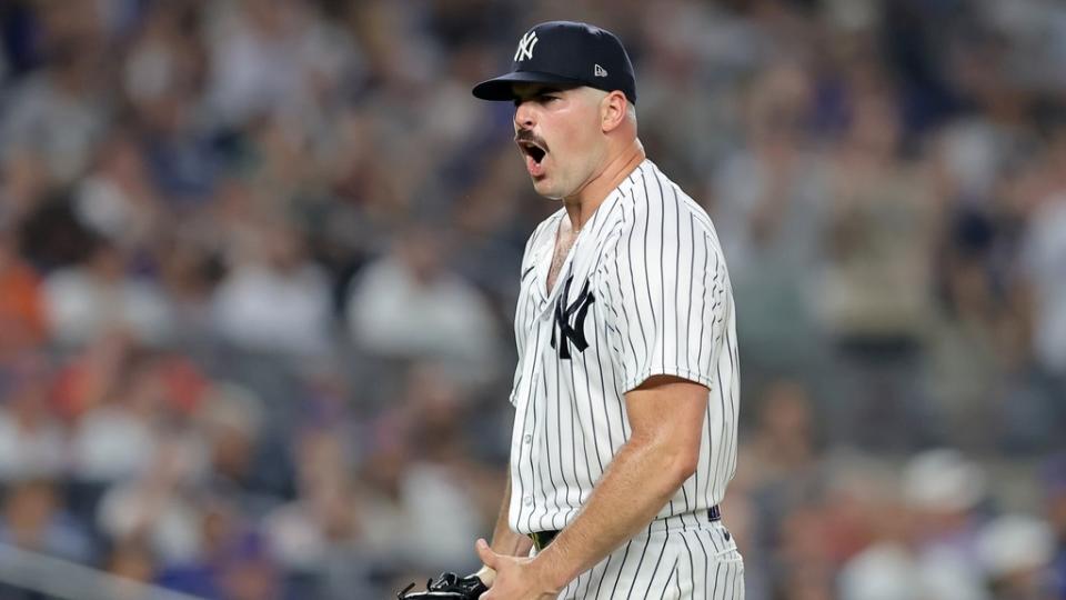 Jul 26, 2023; Bronx, New York, USA; New York Yankees starting pitcher Carlos Rodon (55) reacts during the fifth inning against the New York Mets at Yankee Stadium.