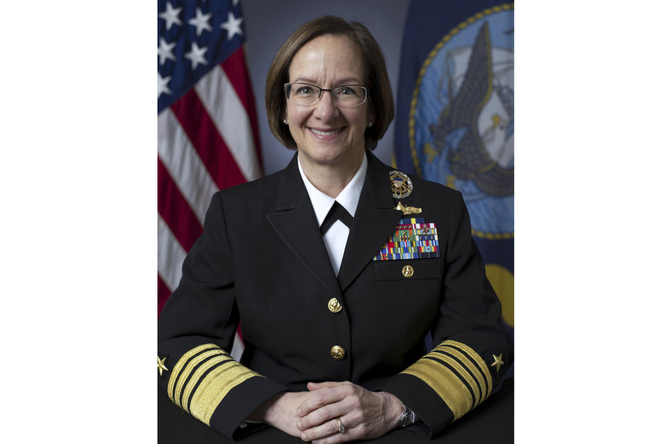 This photo provided by the U.S. Navy shows Adm. Lisa Franchetti, March 3, 2023. President Joe Biden has chosen Franchetti to lead the Navy, a senior administration official said Friday. If confirmed, she would be the first woman to be a U.S. military service chief. (JoAnne Sorrentino/U.S. Navy via AP)