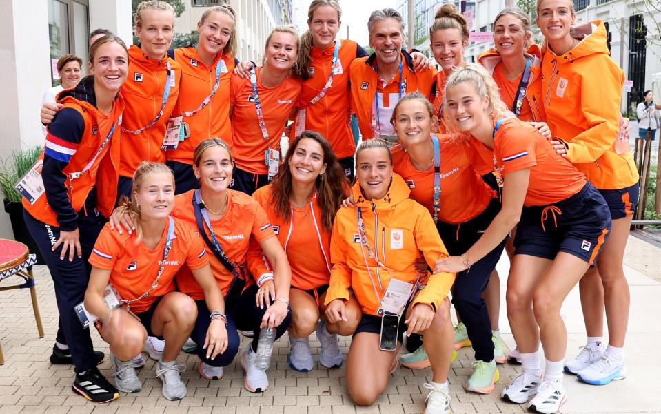 Dutch athletes have their photo take with Dick Schoof, the prime minister of the Netherlands at the athletes' village, July 27, 2024