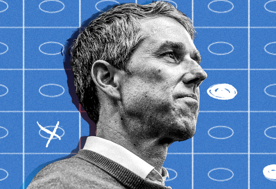 A close-up of Beto O'Rourke's face in front of an illustration of ballot bubbles