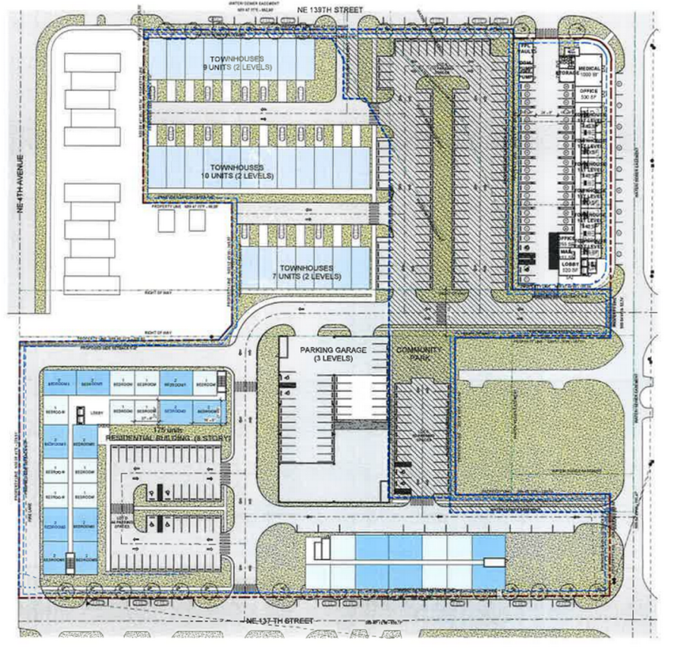 This is a sketch of the affordable apartment and townhome development planned for 6 acres in North Miami by retired Miami Heat star Udonis Haslem and partners Magellan Housing and Royal American Development. Studio Mc+G Architecture