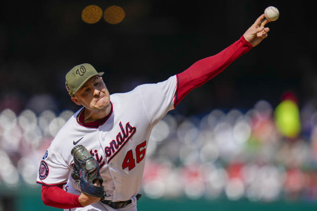 Washington Nationals starting pitcher Patrick Corbin throws during the first inning of a baseball game against the Detroit Tigers at Nationals Park, Saturday, May 20, 2023, in Washington. (AP Photo/Alex Brandon)