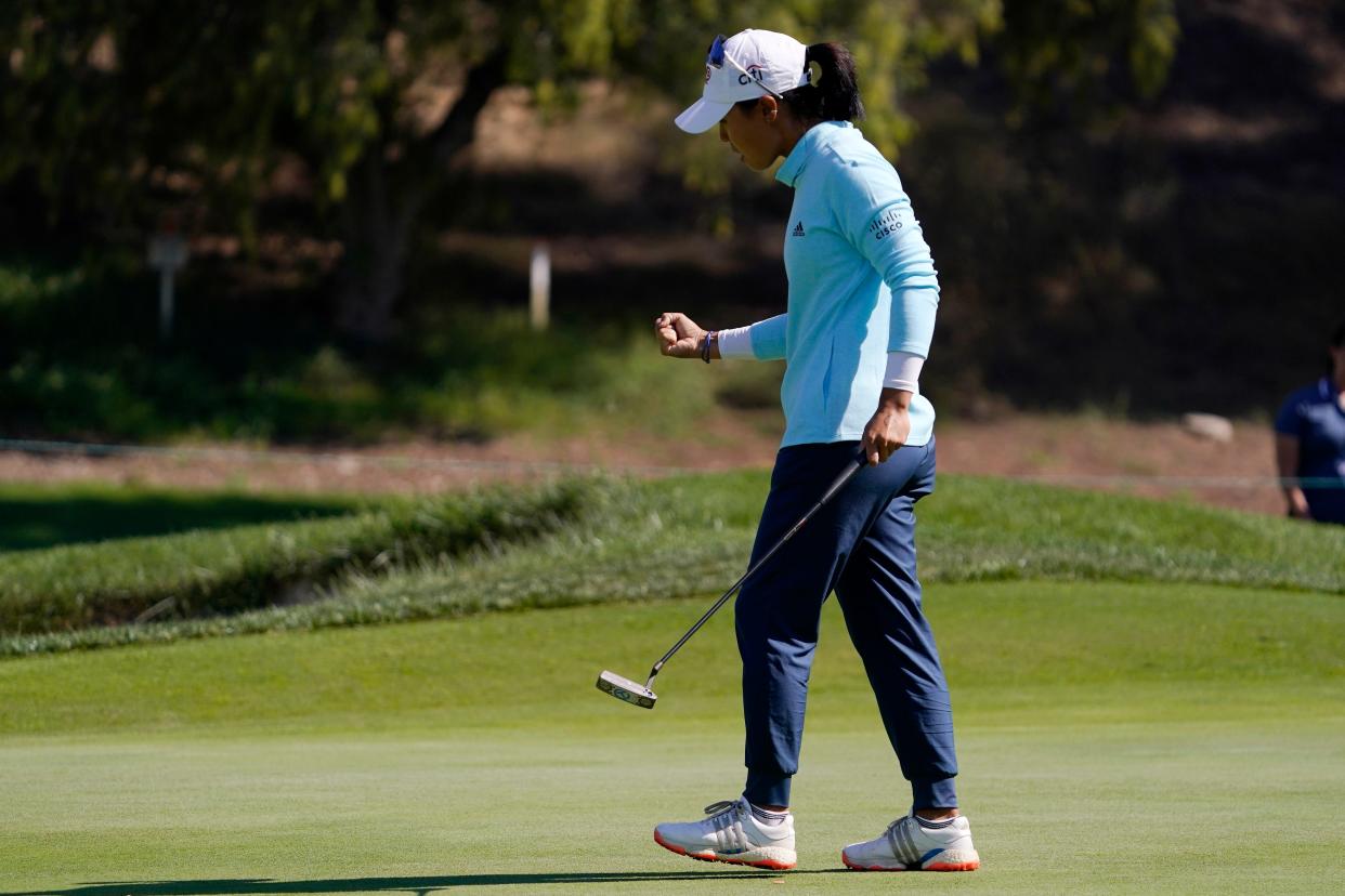 Westlake High graduate Danielle Kang reacts after making eagle on the eighth hole during the final round of the LPGA MEDIHEAL Championship on Sunday at The Saticoy Club in Somis. Kang finished tied for third in return to the county.